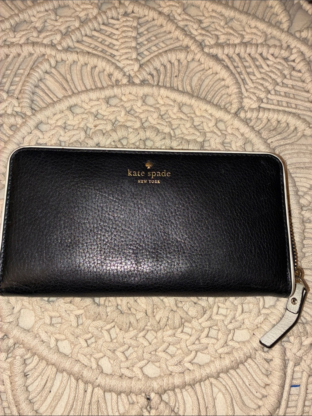 kate spade Black Leather Zip Wallet with Gold Logo
